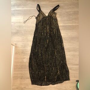 NWT ZARA $129 Sequined Strappy Midi V-Neck Dress Black/Gold-colored M